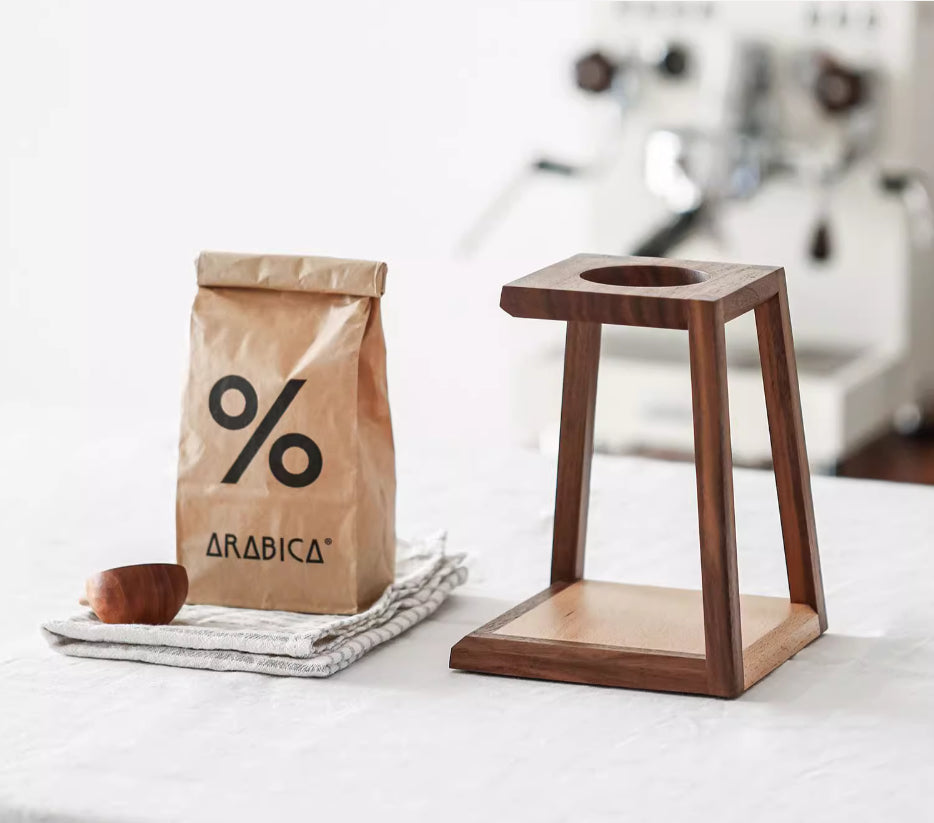 Solid wood pour-over coffee stand side view
