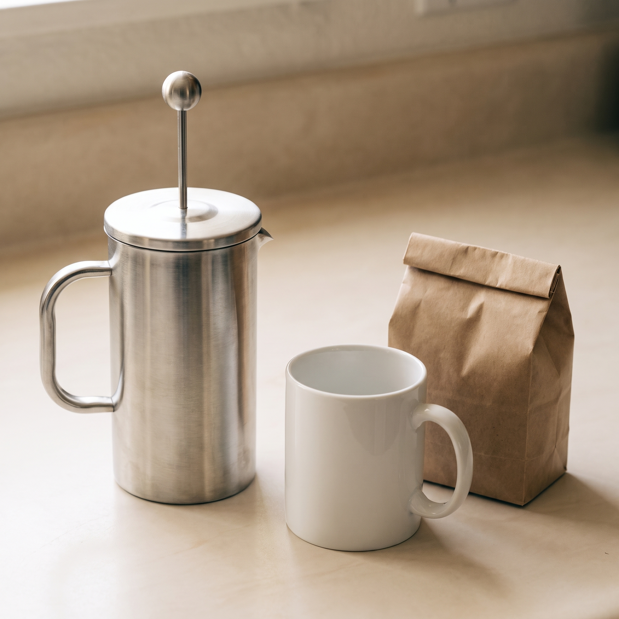 Stainless steel french press beside a white ceramic mug and a bag of coffee beans for scale