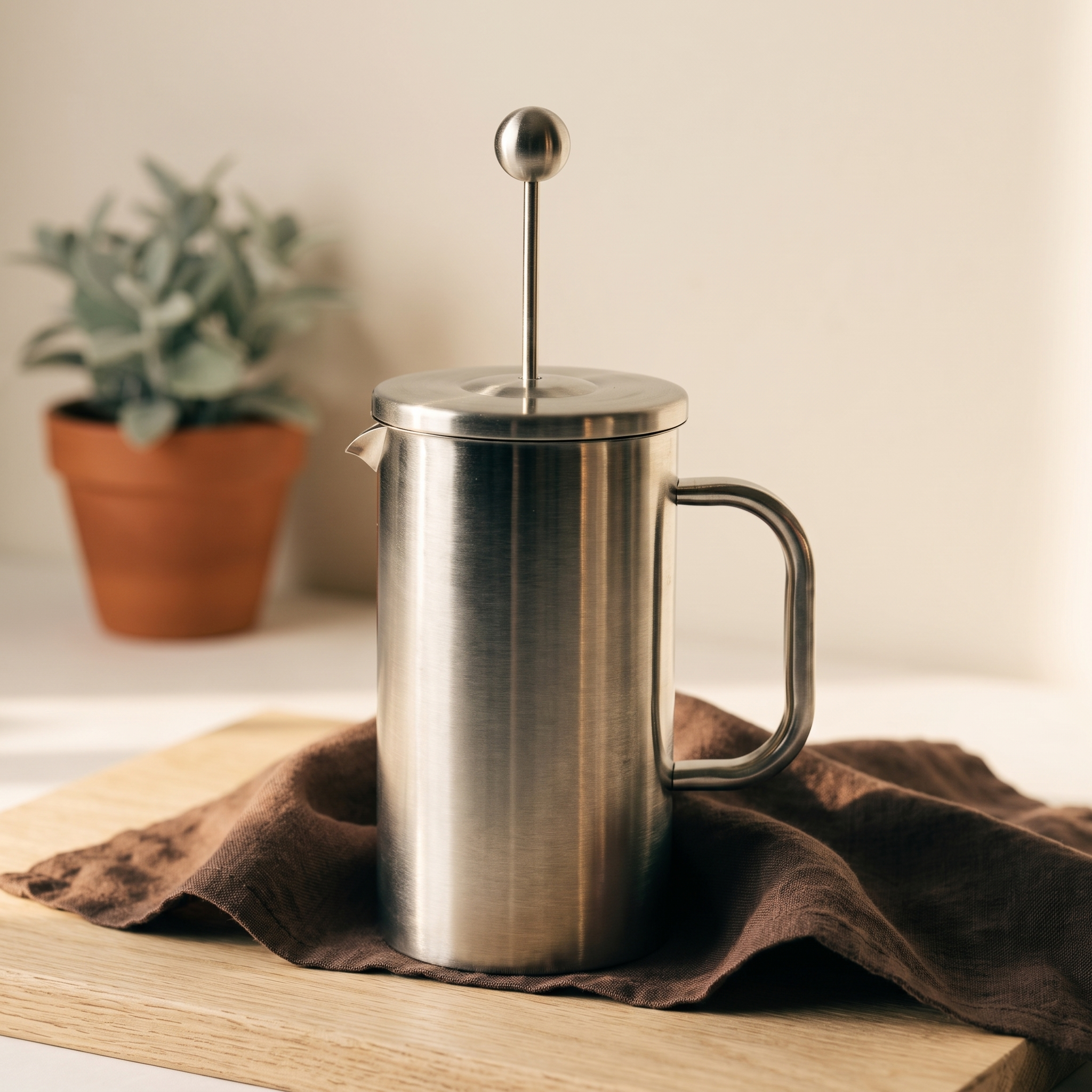 Stainless steel french press on an oak board with brown linen in morning light