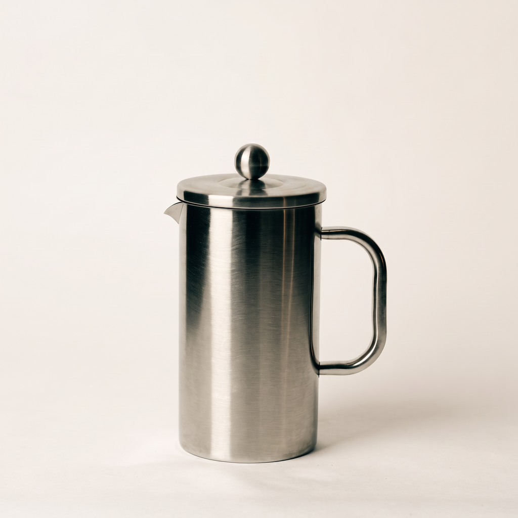 Stainless steel french press with the plunger fully depressed