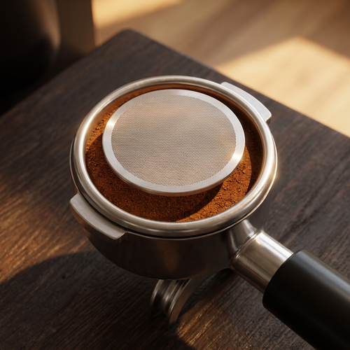 Espresso puck screen resting on a tamped coffee bed inside a portafilter, shown for context