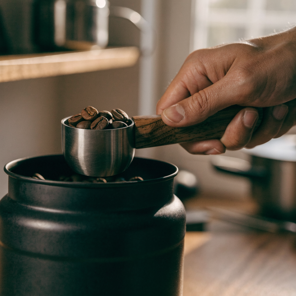 Scooping whole coffee beans from a canister with the walnut and steel coffee scoop
