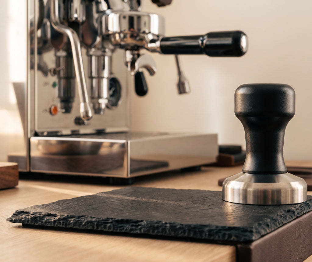 Espresso tamper standing on a slate tray in front of an espresso machine