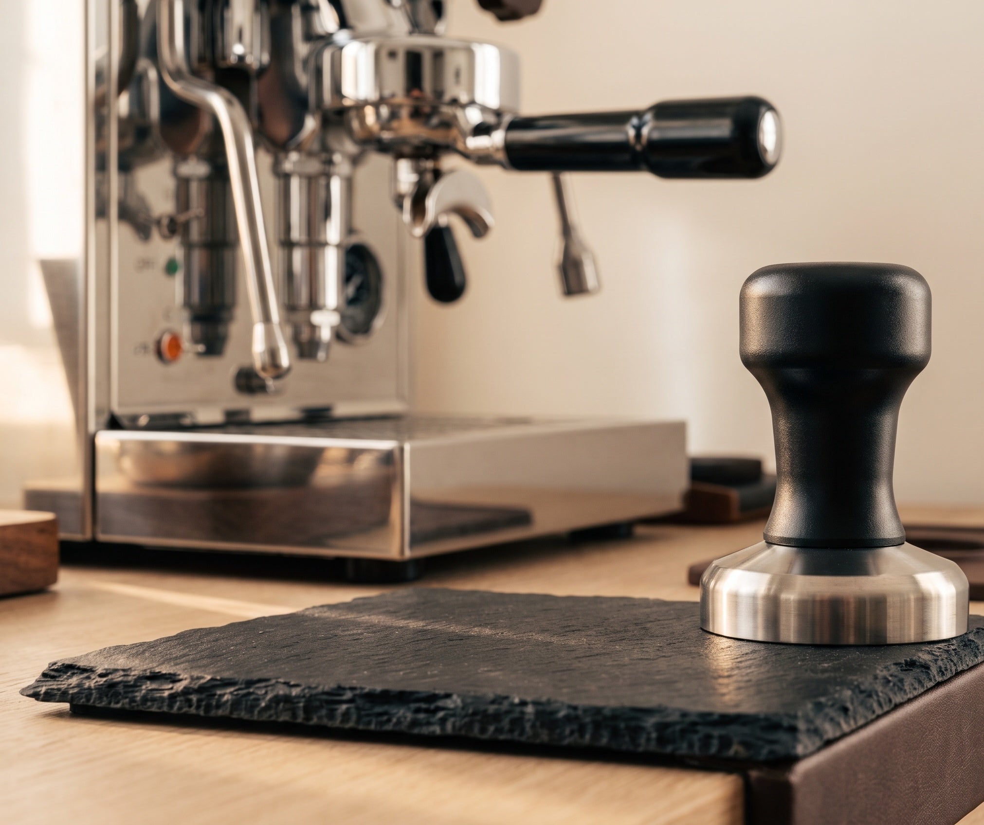 Espresso tamper standing on a slate tray in front of an espresso machine